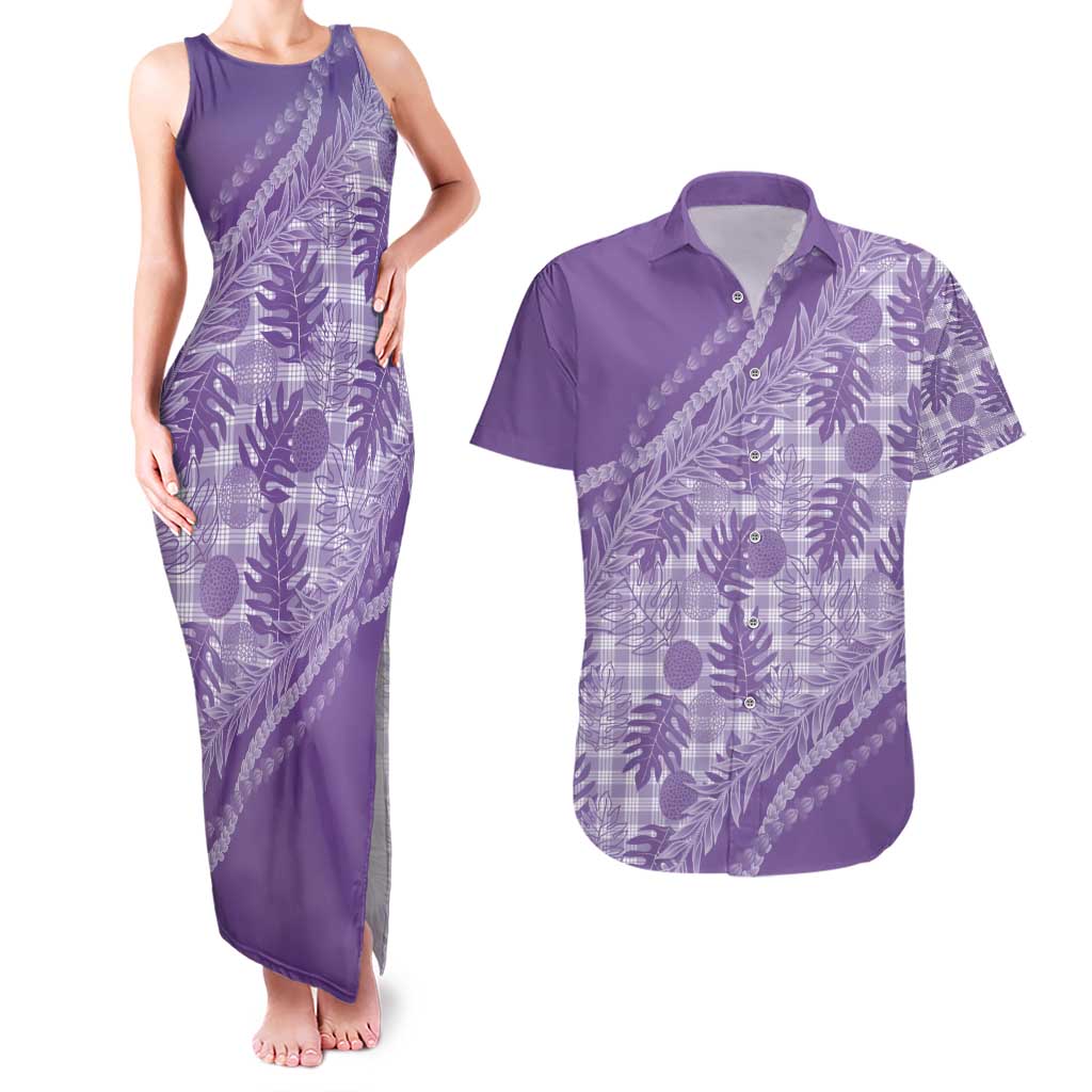 Hawaii Breadfruit Palaka Couples Matching Tank Maxi Dress and Hawaiian Shirt Poni Maile Lei - Polynesian Pride