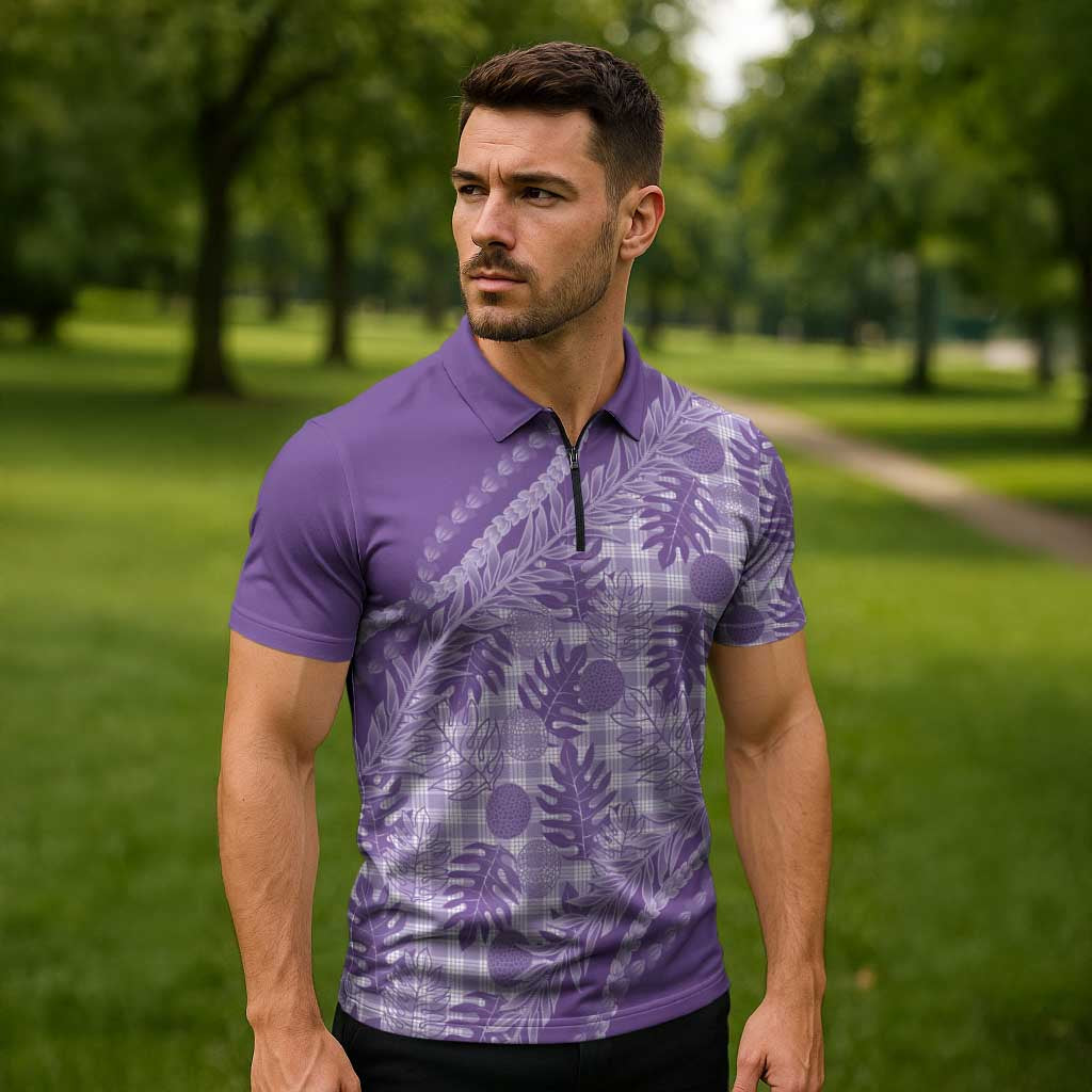 Hawaii Breadfruit Palaka Zipper Polo Shirt Poni Maile Lei - Polynesian Pride