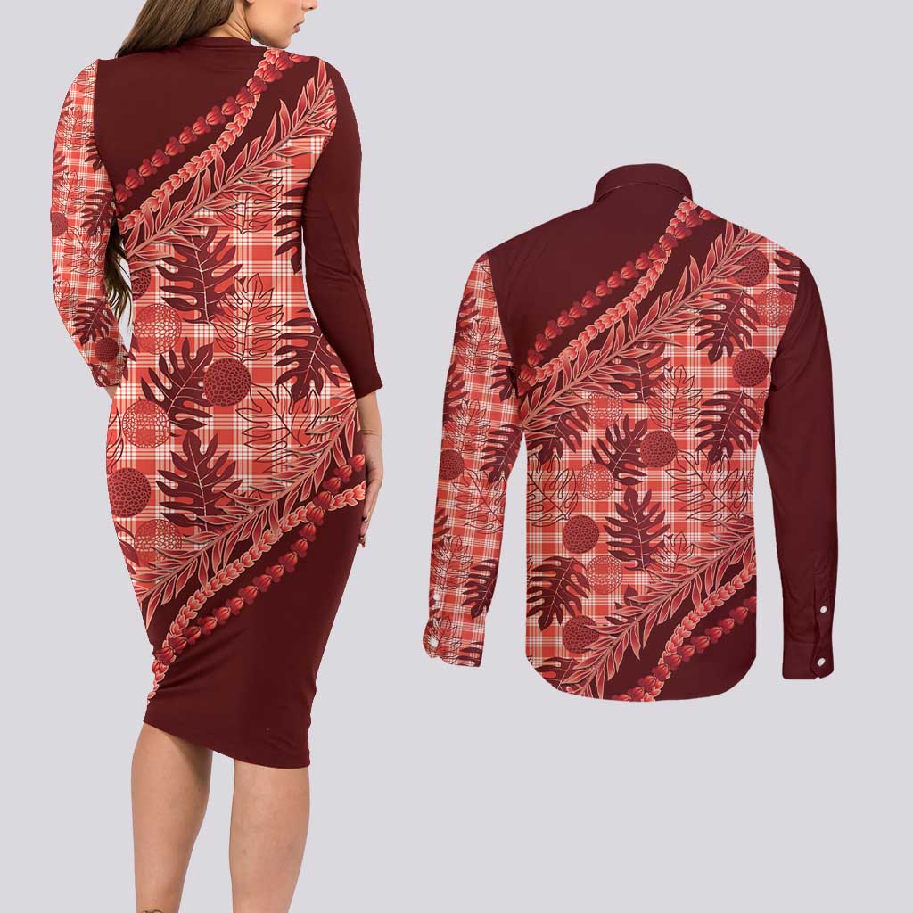 Hawaii Breadfruit Palaka Couples Matching Long Sleeve Bodycon Dress and Long Sleeve Button Shirt Ulaula Maile Lei - Polynesian Pride