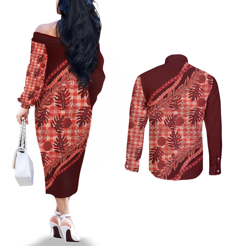 Hawaii Breadfruit Palaka Couples Matching Off The Shoulder Long Sleeve Dress and Long Sleeve Button Shirt Ulaula Maile Lei - Polynesian Pride