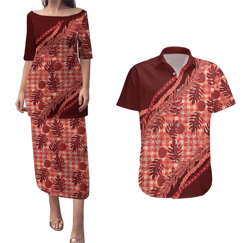 Hawaii Breadfruit Palaka Couples Matching Puletasi and Hawaiian Shirt Ulaula Maile Lei LT9 Red - Polynesian Pride
