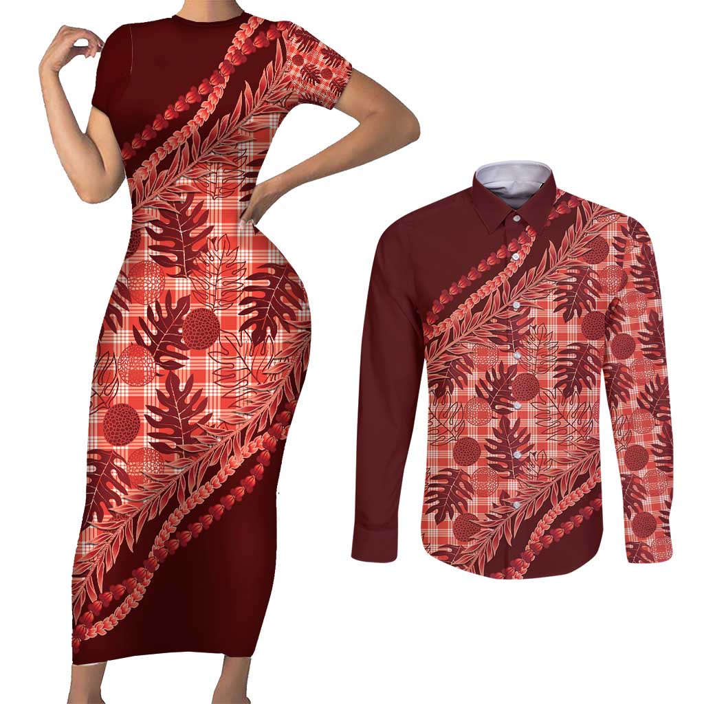 Hawaii Breadfruit Palaka Couples Matching Short Sleeve Bodycon Dress and Long Sleeve Button Shirt Ulaula Maile Lei - Polynesian Pride