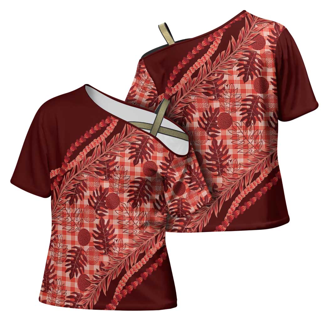 Hawaii Breadfruit Palaka Cross Shoulder Shirt Ulaula Maile Lei LT9 - Polynesian Pride