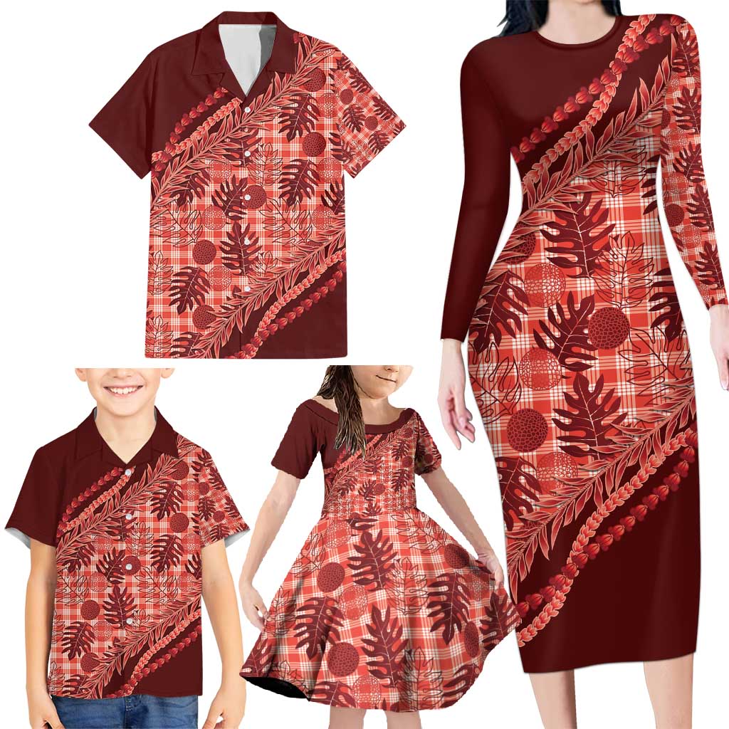 Hawaii Breadfruit Palaka Family Matching Long Sleeve Bodycon Dress and Hawaiian Shirt Ulaula Maile Lei - Polynesian Pride