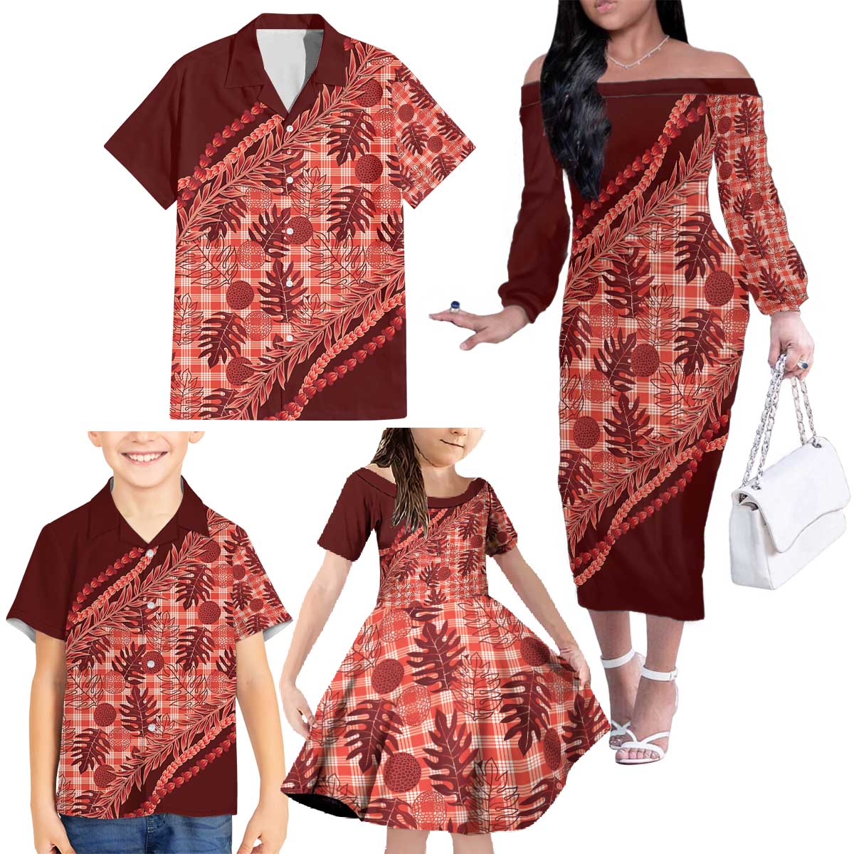 Hawaii Breadfruit Palaka Family Matching Off The Shoulder Long Sleeve Dress and Hawaiian Shirt Ulaula Maile Lei - Polynesian Pride