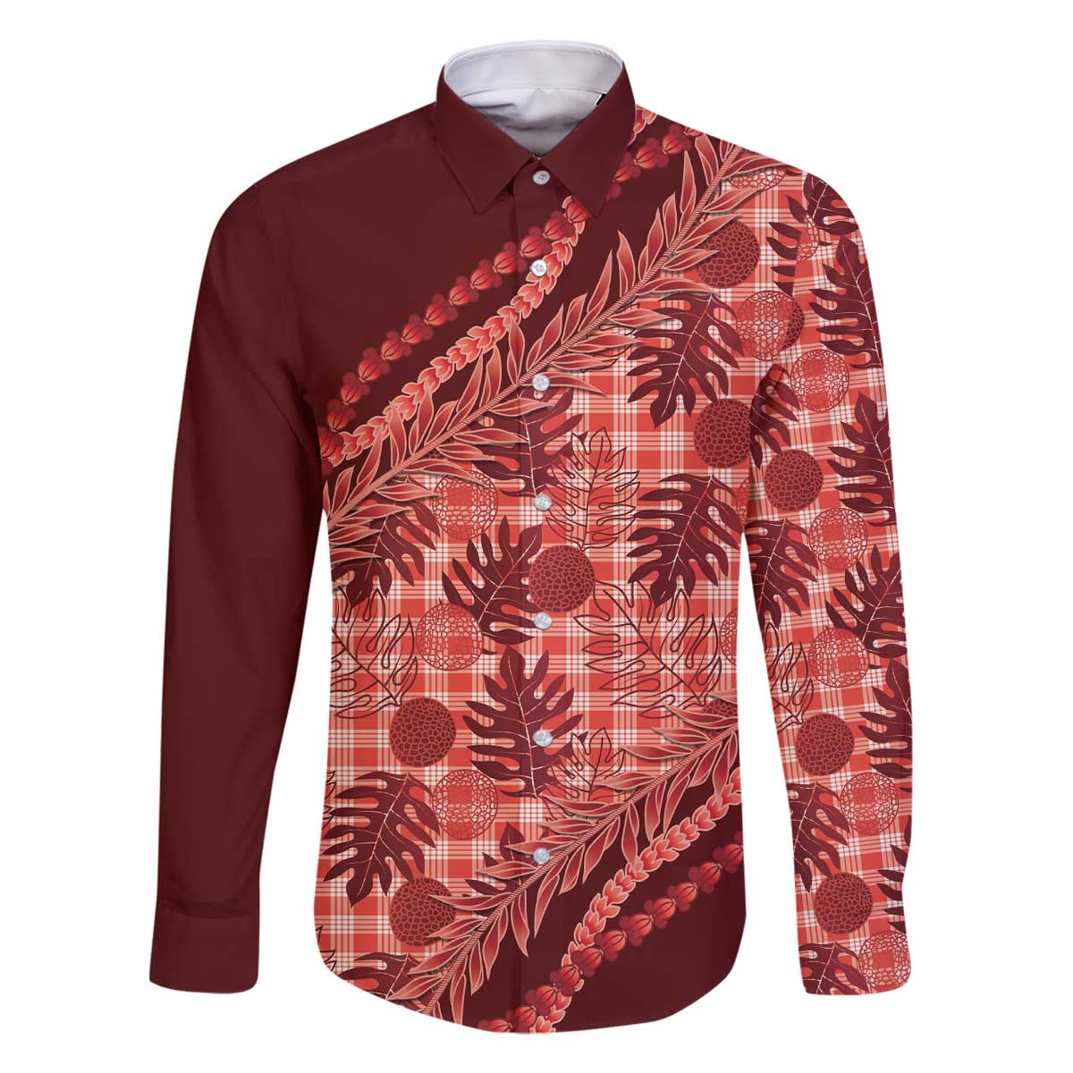 Hawaii Breadfruit Palaka Family Matching Off The Shoulder Long Sleeve Dress and Hawaiian Shirt Ulaula Maile Lei - Polynesian Pride