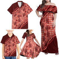 Hawaii Breadfruit Palaka Family Matching Off Shoulder Maxi Dress and Hawaiian Shirt Ulaula Maile Lei - Polynesian Pride