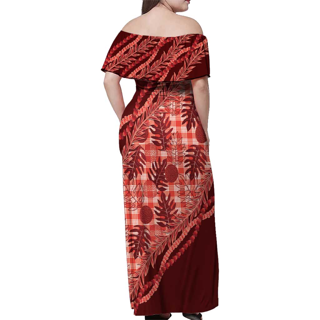 Hawaii Breadfruit Palaka Family Matching Off Shoulder Maxi Dress and Hawaiian Shirt Ulaula Maile Lei - Polynesian Pride