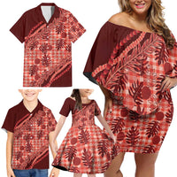 Hawaii Breadfruit Palaka Family Matching Off Shoulder Short Dress and Hawaiian Shirt Ulaula Maile Lei - Polynesian Pride