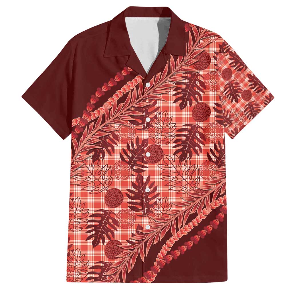 Hawaii Breadfruit Palaka Family Matching Off Shoulder Short Dress and Hawaiian Shirt Ulaula Maile Lei - Polynesian Pride