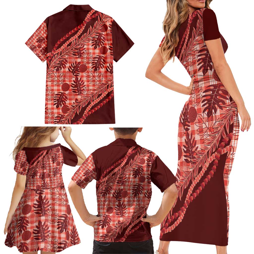 Hawaii Breadfruit Palaka Family Matching Short Sleeve Bodycon Dress and Hawaiian Shirt Ulaula Maile Lei - Polynesian Pride