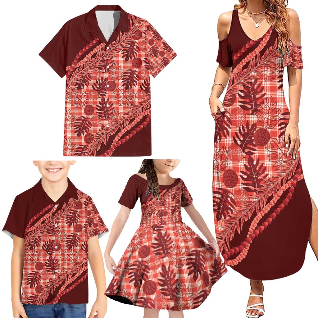 Hawaii Breadfruit Palaka Family Matching Summer Maxi Dress and Hawaiian Shirt Ulaula Maile Lei - Polynesian Pride