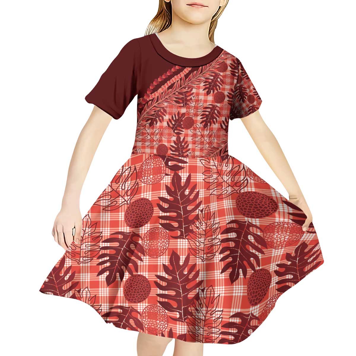 Hawaii Breadfruit Palaka Kid Short Sleeve Dress Ulaula Maile Lei - Polynesian Pride