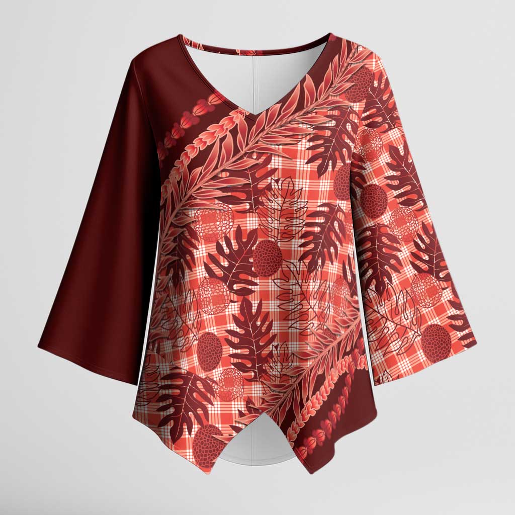 Hawaii Breadfruit Palaka Kimono Sleeve Blouse Ulaula Maile Lei LT9 Female Red - Polynesian Pride