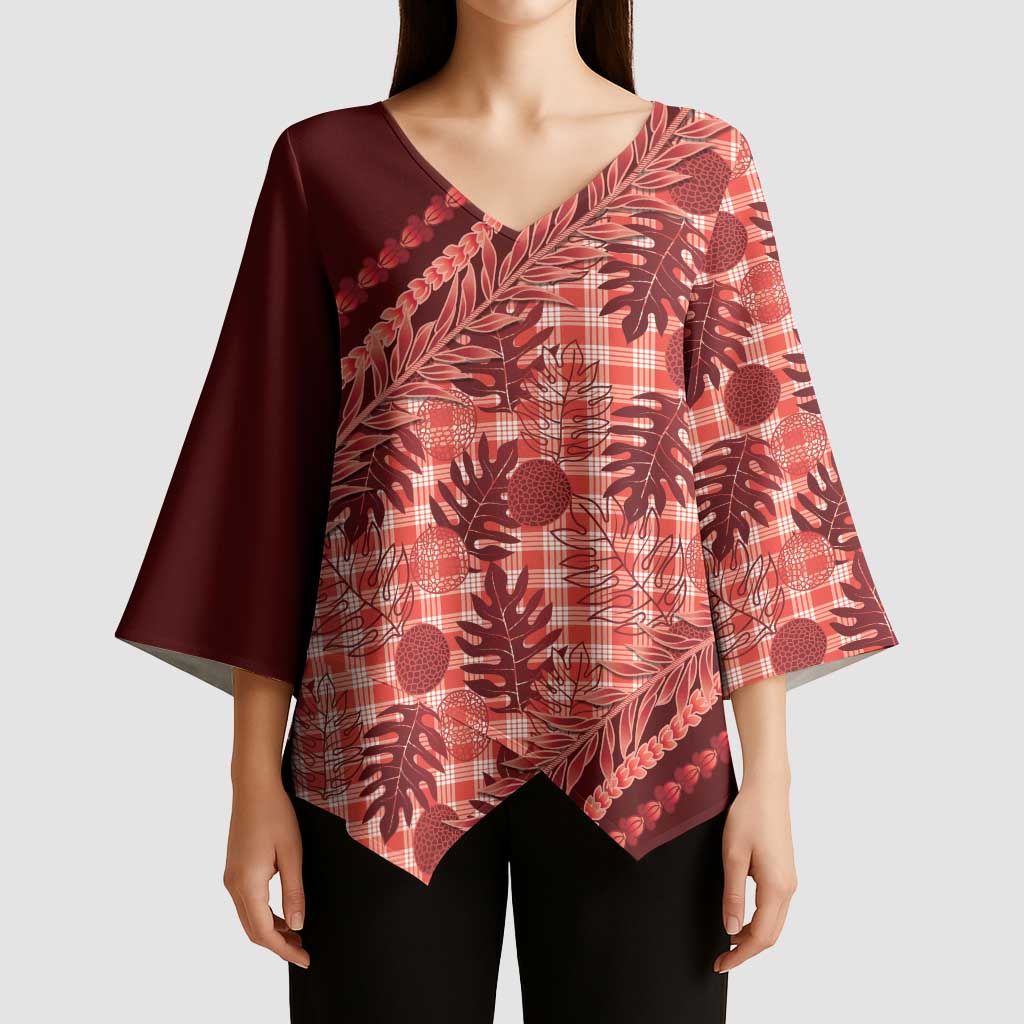 Hawaii Breadfruit Palaka Kimono Sleeve Blouse Ulaula Maile Lei LT9 - Polynesian Pride