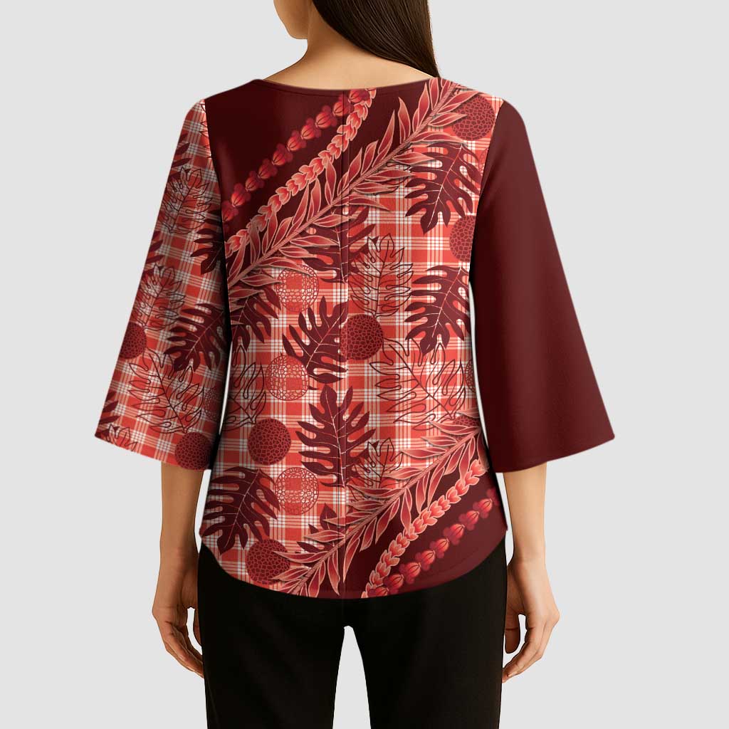Hawaii Breadfruit Palaka Kimono Sleeve Blouse Ulaula Maile Lei LT9 - Polynesian Pride