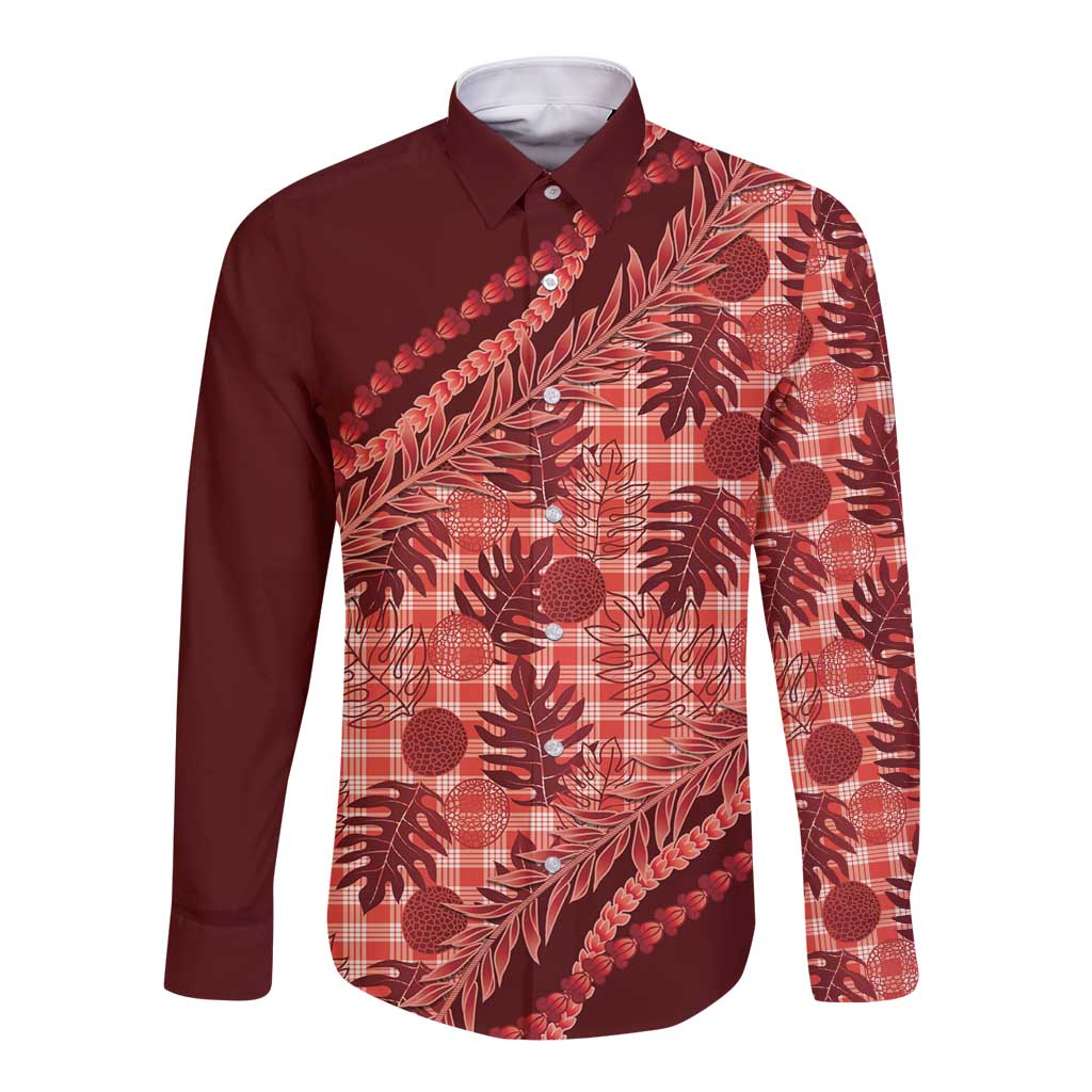Hawaii Breadfruit Palaka Long Sleeve Button Shirt Ulaula Maile Lei LT9 Unisex Red - Polynesian Pride