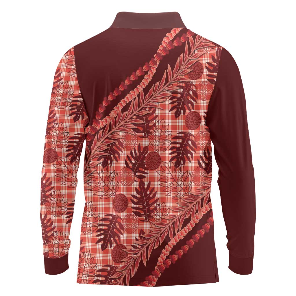Hawaii Breadfruit Palaka Long Sleeve Polo Shirt Ulaula Maile Lei - Polynesian Pride