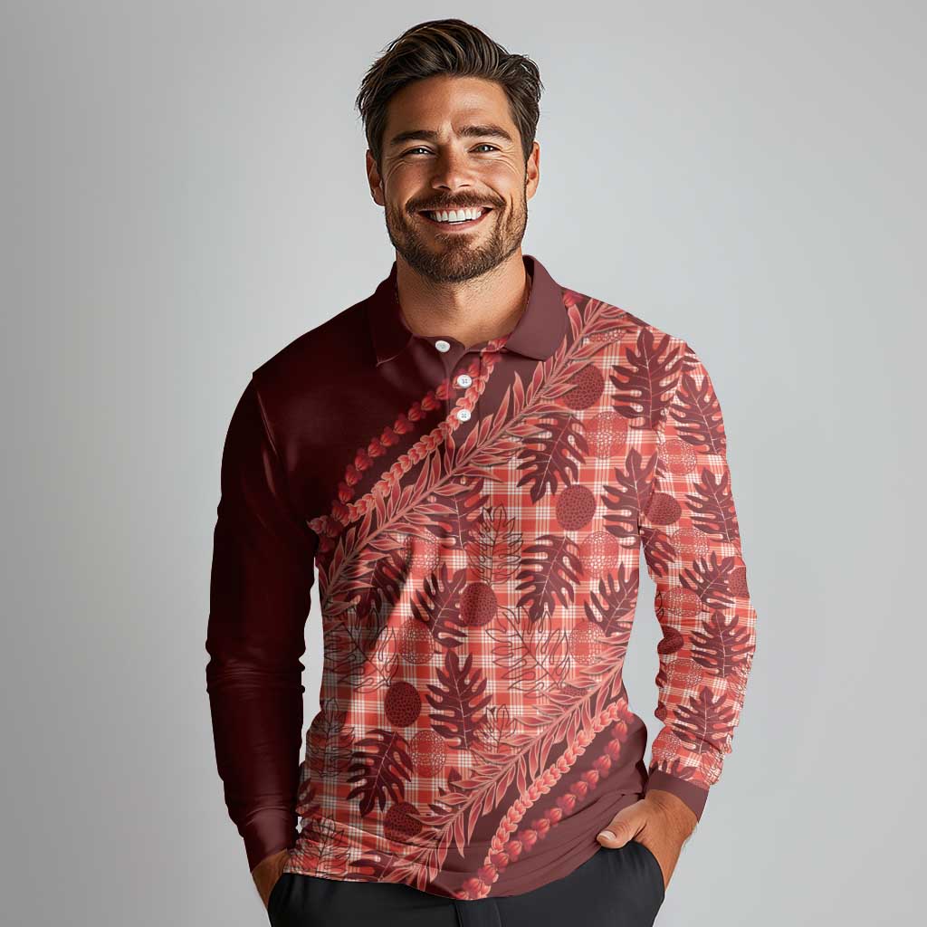 Hawaii Breadfruit Palaka Long Sleeve Polo Shirt Ulaula Maile Lei - Polynesian Pride