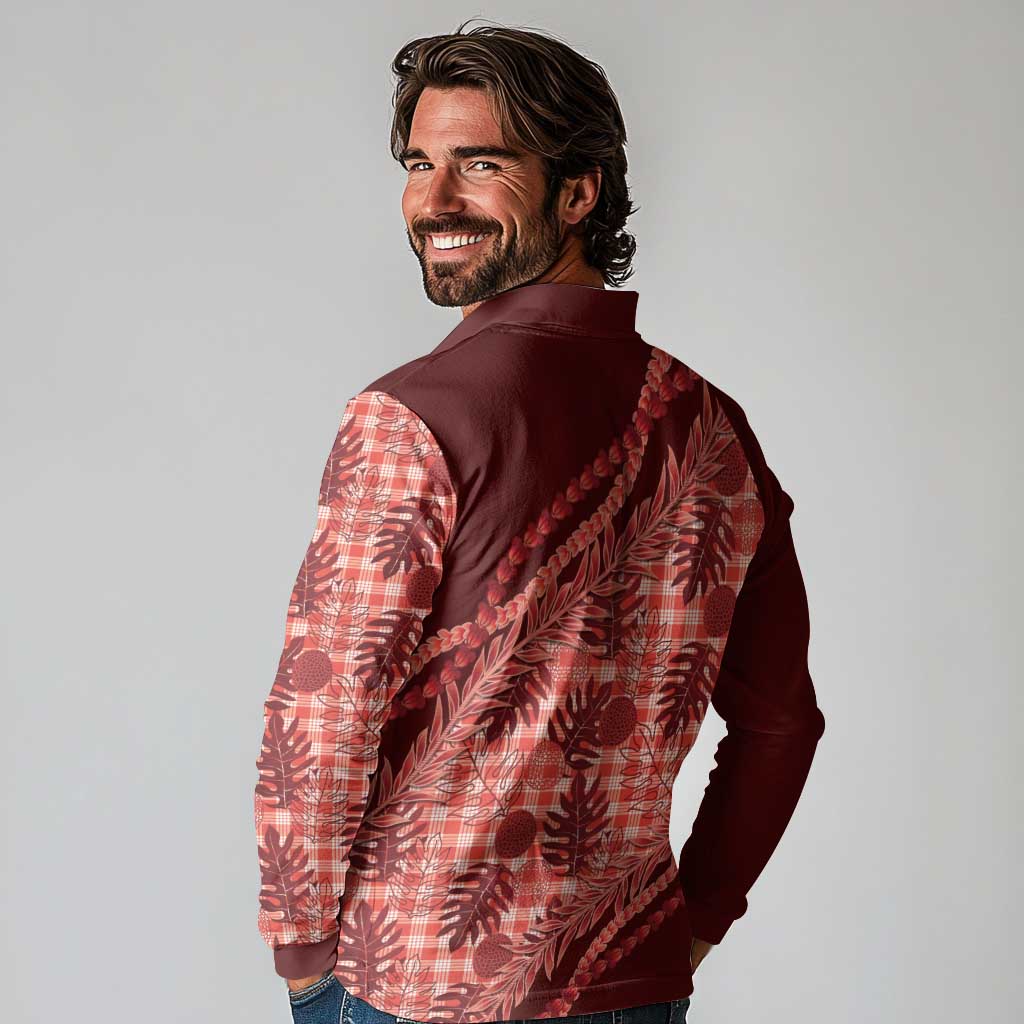 Hawaii Breadfruit Palaka Long Sleeve Polo Shirt Ulaula Maile Lei - Polynesian Pride