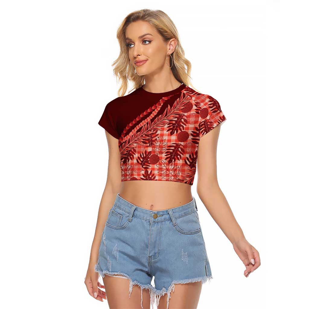 Hawaii Breadfruit Palaka Raglan Cropped T Shirt Ulaula Maile Lei LT9 Female Red - Polynesian Pride