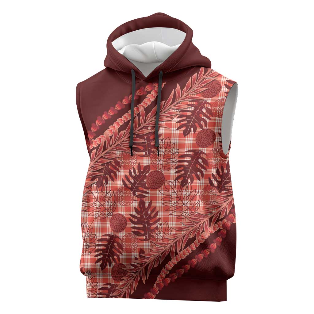 Hawaii Breadfruit Palaka Sleeveless Hoodie Ulaula Maile Lei LT9 Red - Polynesian Pride