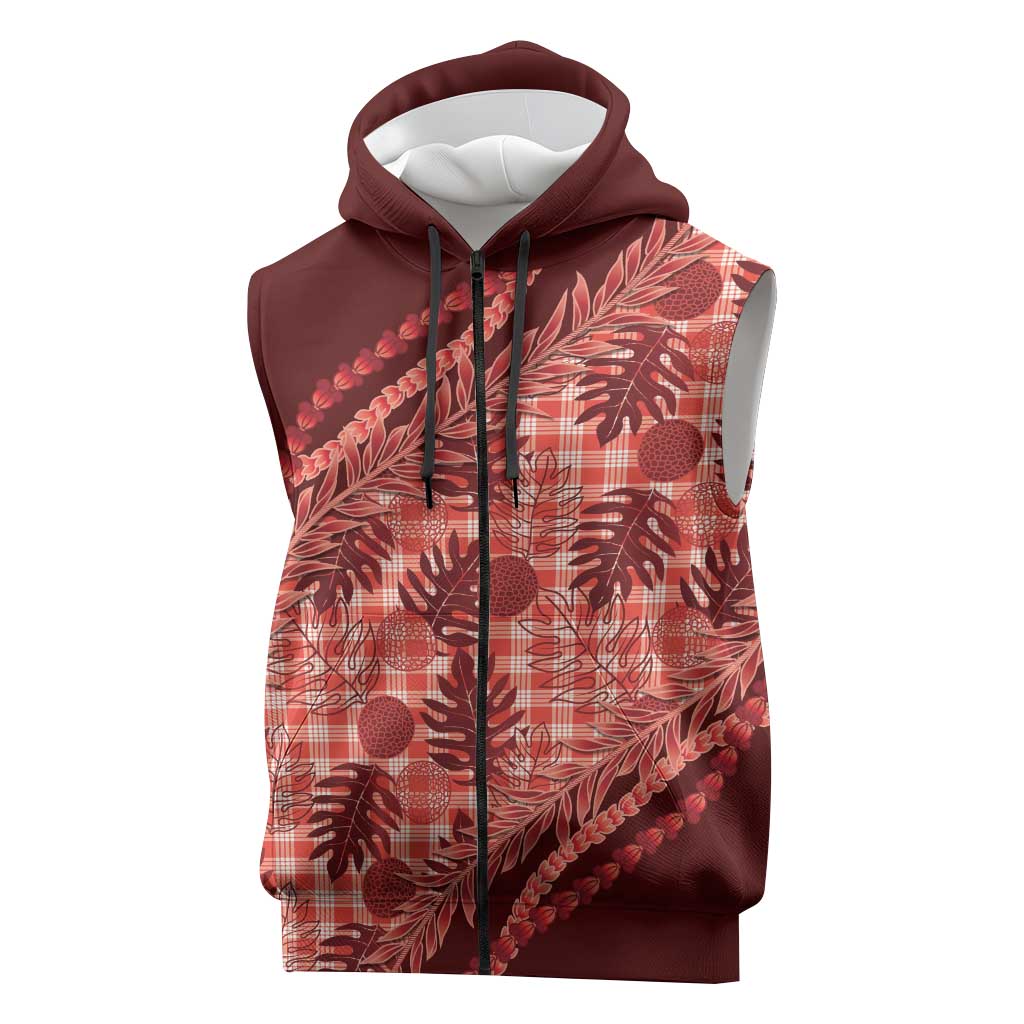 Hawaii Breadfruit Palaka Sleeveless Zip Hoodie Ulaula Maile Lei LT9 Red - Polynesian Pride