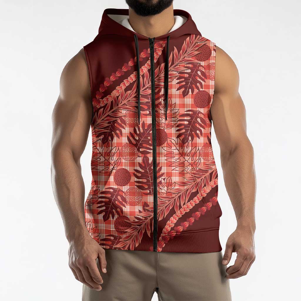 Hawaii Breadfruit Palaka Sleeveless Zip Hoodie Ulaula Maile Lei LT9 - Polynesian Pride