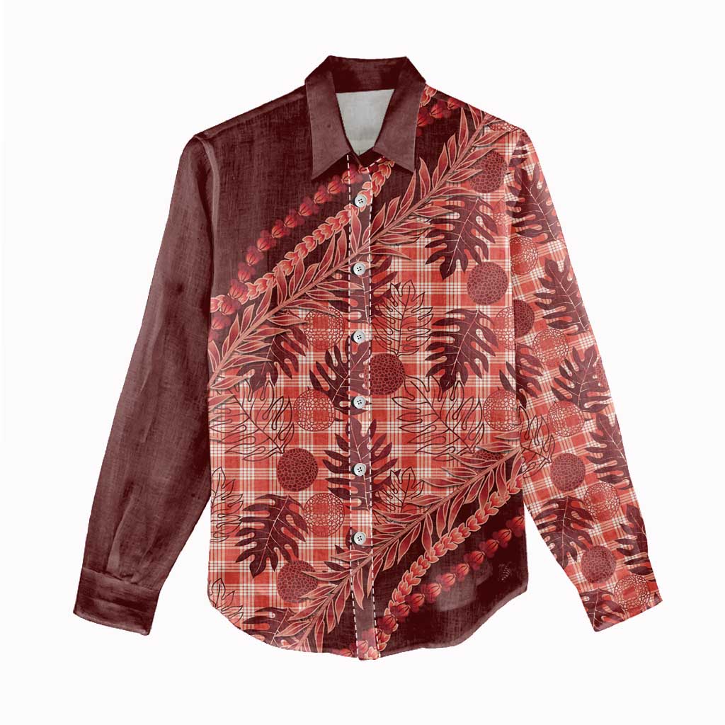 Hawaii Breadfruit Palaka Women Casual Shirt Ulaula Maile Lei - Polynesian Pride