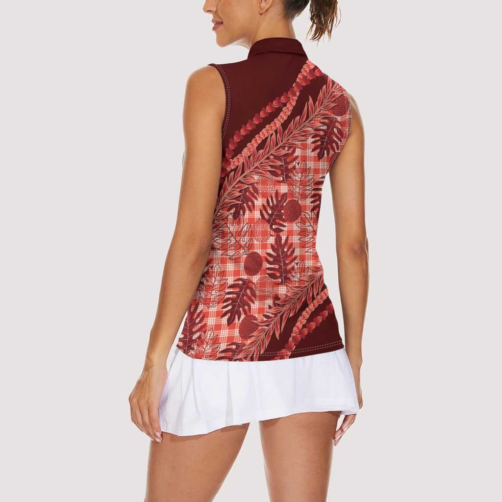 Hawaii Breadfruit Palaka Women Sleeveless Polo Shirt Ulaula Maile Lei - Polynesian Pride