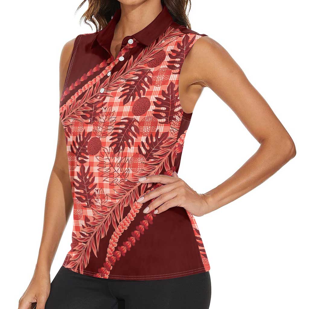 Hawaii Breadfruit Palaka Women Sleeveless Polo Shirt Ulaula Maile Lei - Polynesian Pride