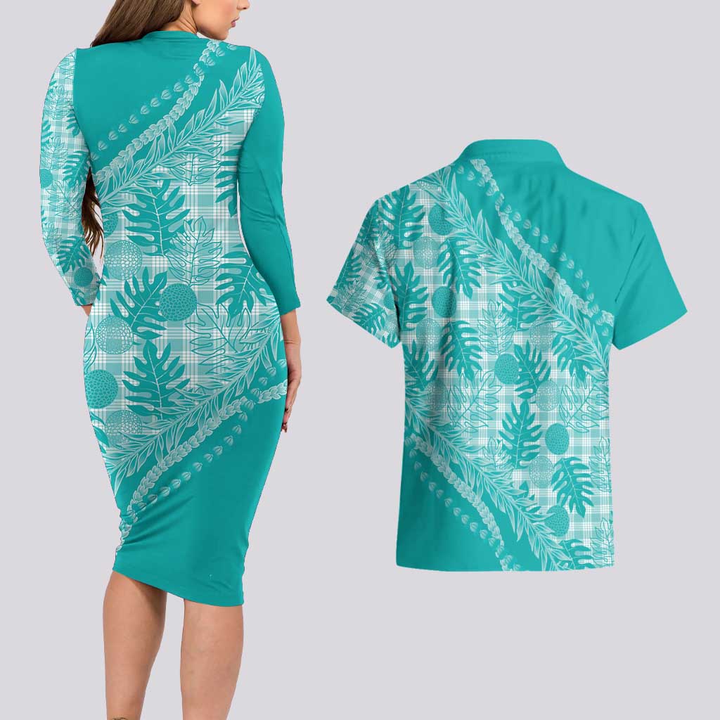 Hawaii Breadfruit Palaka Couples Matching Long Sleeve Bodycon Dress and Hawaiian Shirt Polu Opal Maile Lei - Polynesian Pride