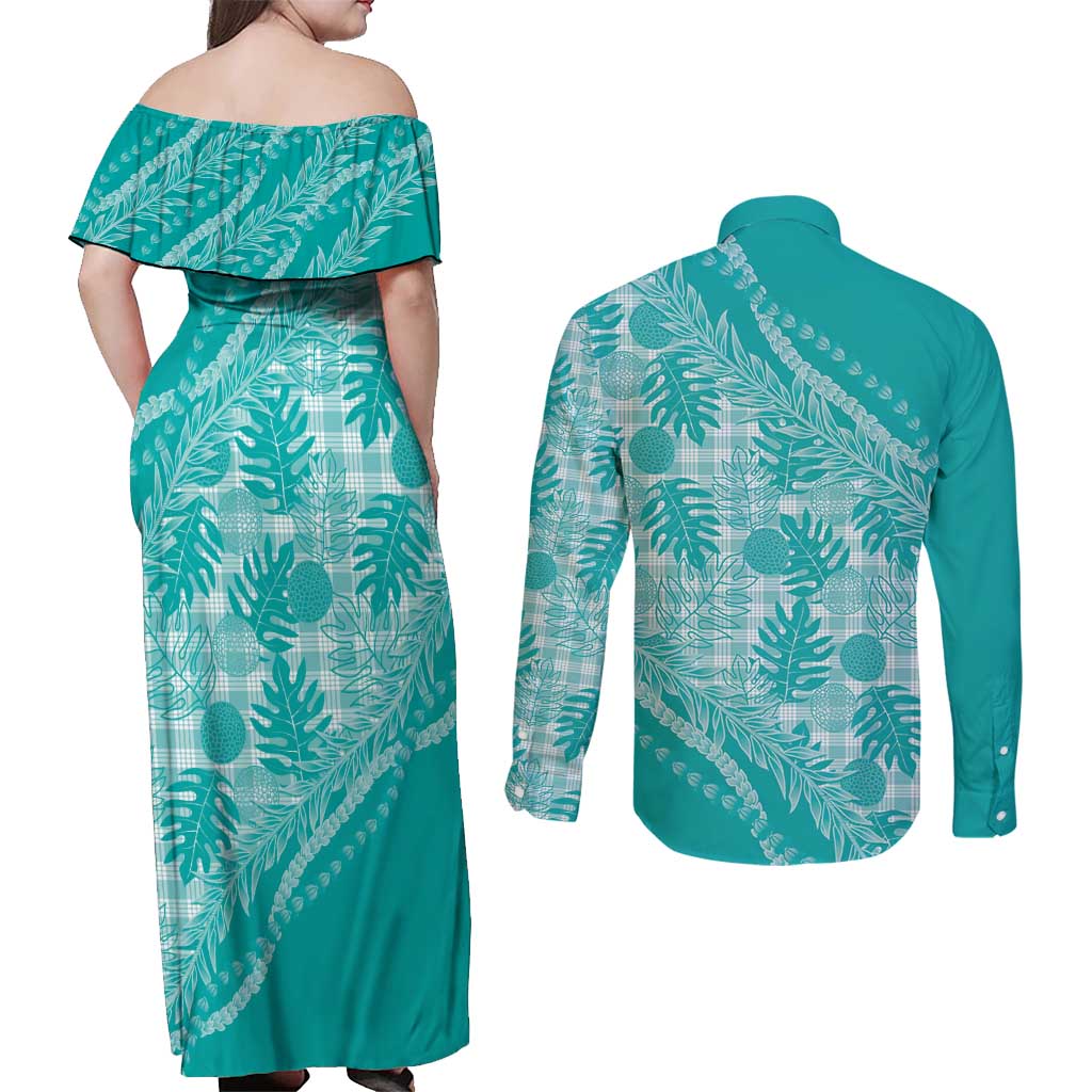 Hawaii Breadfruit Palaka Couples Matching Off Shoulder Maxi Dress and Long Sleeve Button Shirt Polu Opal Maile Lei - Polynesian Pride