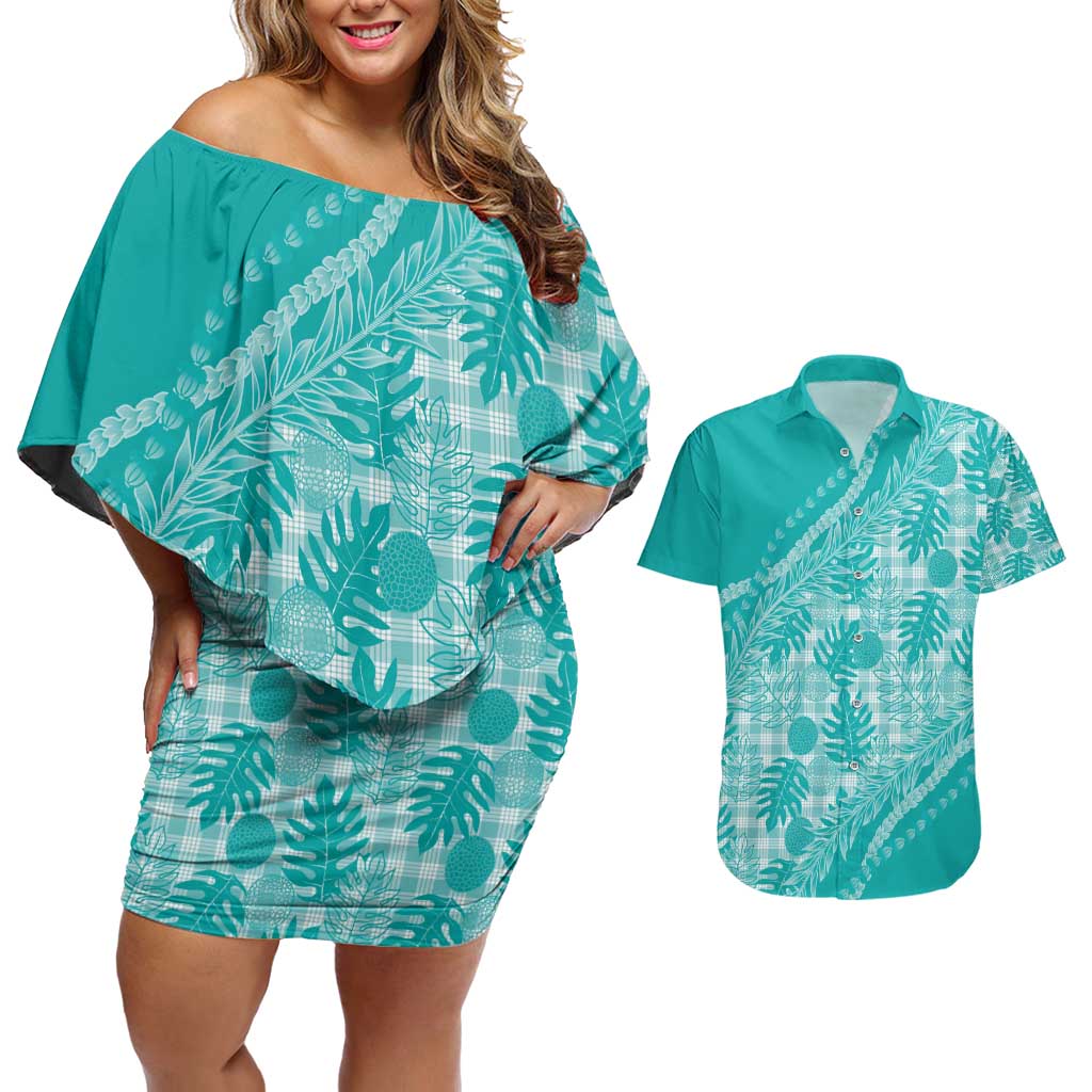 Hawaii Breadfruit Palaka Couples Matching Off Shoulder Short Dress and Hawaiian Shirt Polu Opal Maile Lei - Polynesian Pride