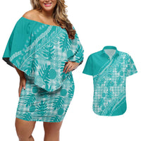 Hawaii Breadfruit Palaka Couples Matching Off Shoulder Short Dress and Hawaiian Shirt Polu Opal Maile Lei - Polynesian Pride
