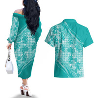 Hawaii Breadfruit Palaka Couples Matching Off The Shoulder Long Sleeve Dress and Hawaiian Shirt Polu Opal Maile Lei - Polynesian Pride