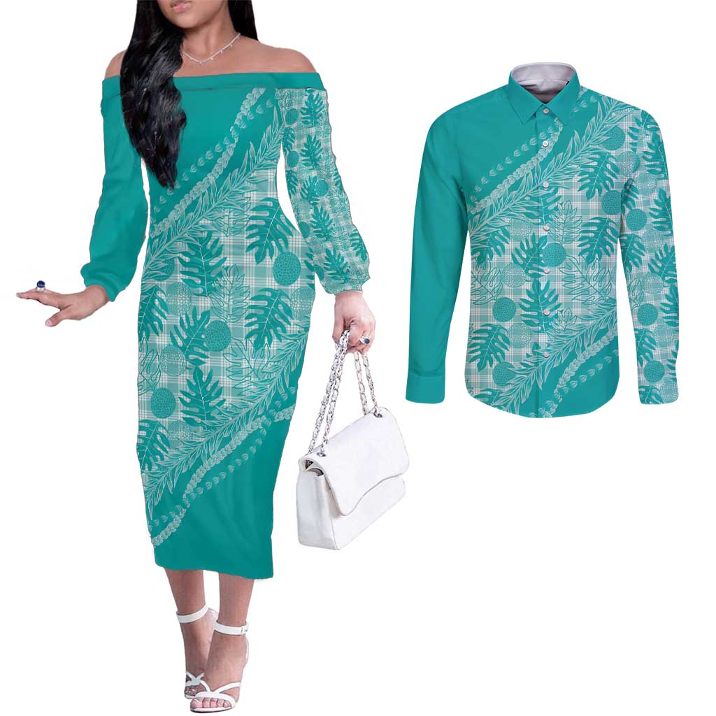 Hawaii Breadfruit Palaka Couples Matching Off The Shoulder Long Sleeve Dress and Long Sleeve Button Shirt Polu Opal Maile Lei - Polynesian Pride