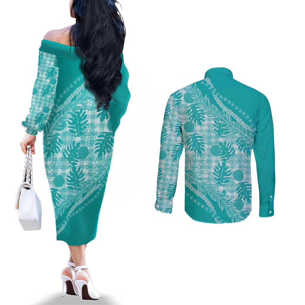 Hawaii Breadfruit Palaka Couples Matching Off The Shoulder Long Sleeve Dress and Long Sleeve Button Shirt Polu Opal Maile Lei - Polynesian Pride