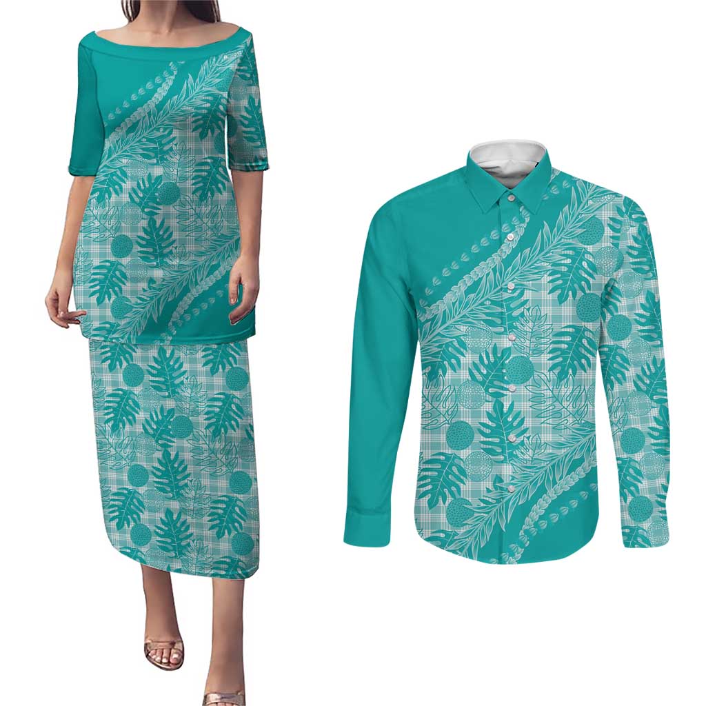 Hawaii Breadfruit Palaka Couples Matching Puletasi and Long Sleeve Button Shirt Polu Opal Maile Lei LT9 Turquoise - Polynesian Pride