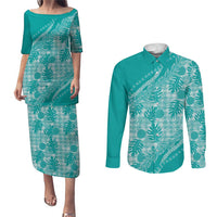 Hawaii Breadfruit Palaka Couples Matching Puletasi and Long Sleeve Button Shirt Polu Opal Maile Lei LT9 Turquoise - Polynesian Pride
