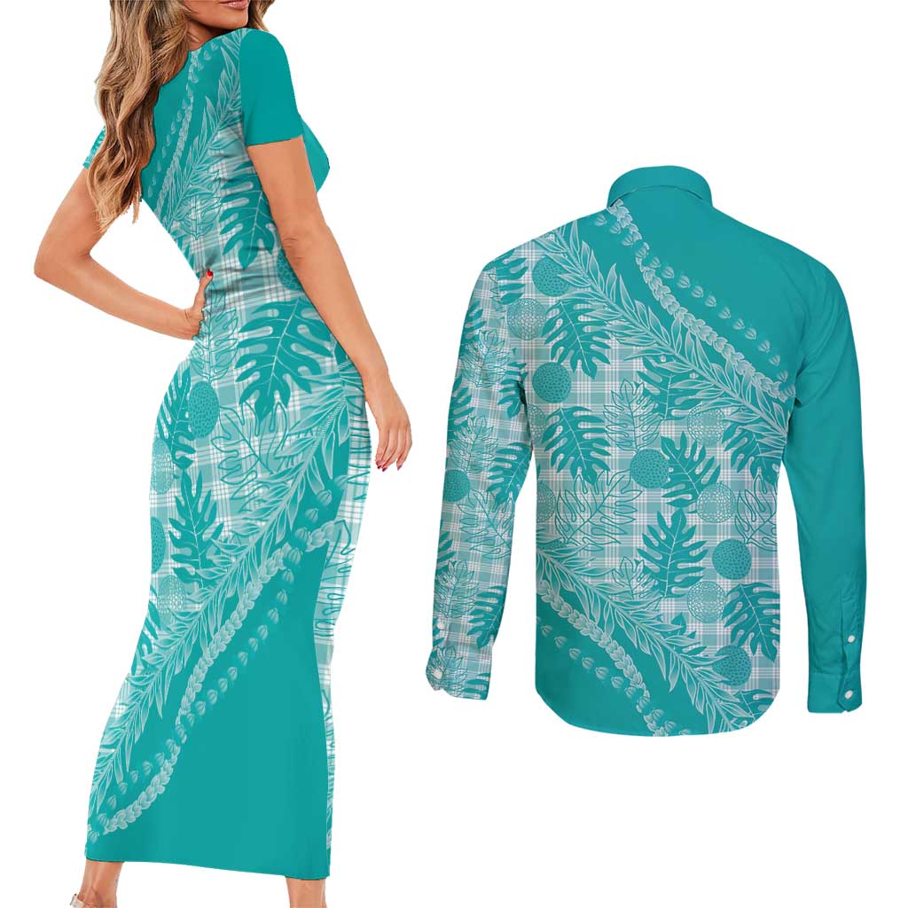 Hawaii Breadfruit Palaka Couples Matching Short Sleeve Bodycon Dress and Long Sleeve Button Shirt Polu Opal Maile Lei - Polynesian Pride