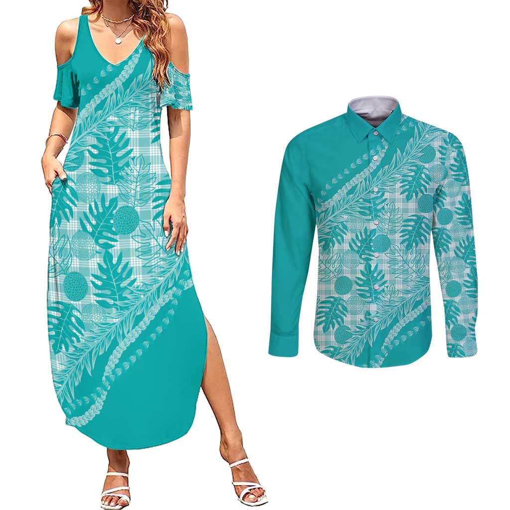 Hawaii Breadfruit Palaka Couples Matching Summer Maxi Dress and Long Sleeve Button Shirt Polu Opal Maile Lei - Polynesian Pride