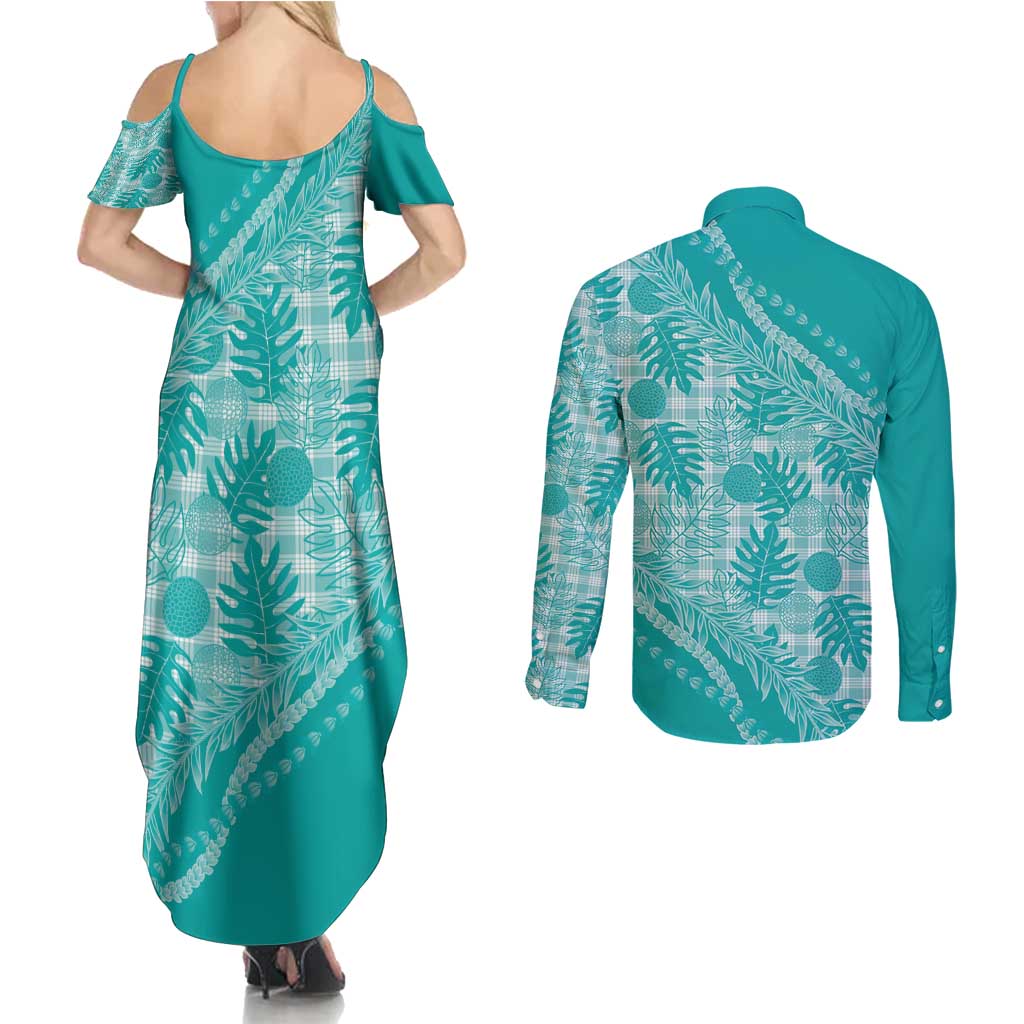 Hawaii Breadfruit Palaka Couples Matching Summer Maxi Dress and Long Sleeve Button Shirt Polu Opal Maile Lei - Polynesian Pride