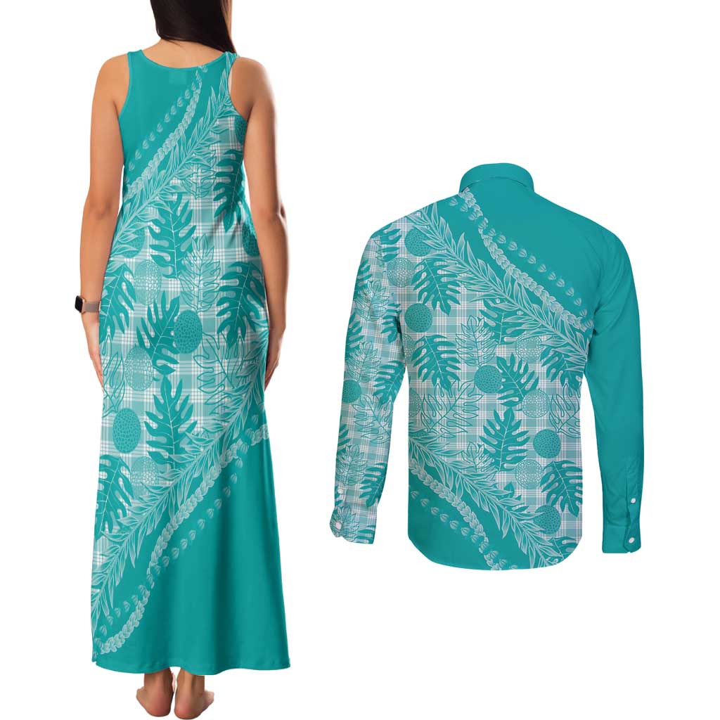 Hawaii Breadfruit Palaka Couples Matching Tank Maxi Dress and Long Sleeve Button Shirt Polu Opal Maile Lei - Polynesian Pride