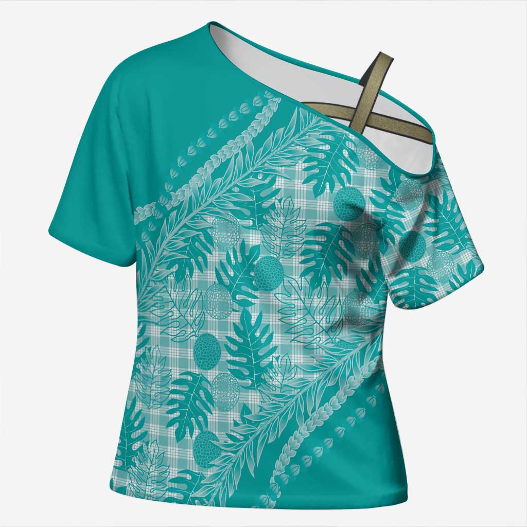 Hawaii Breadfruit Palaka Cross Shoulder Shirt Polu Opal Maile Lei LT9 Female Turquoise - Polynesian Pride