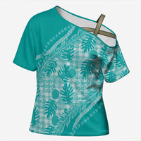 Hawaii Breadfruit Palaka Cross Shoulder Shirt Polu Opal Maile Lei LT9 Female Turquoise - Polynesian Pride