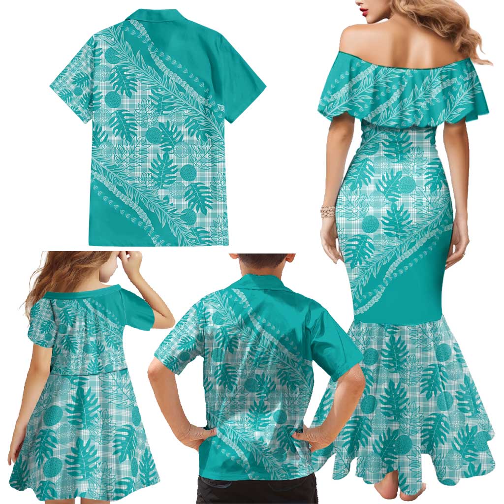 Hawaii Breadfruit Palaka Family Matching Mermaid Dress and Hawaiian Shirt Polu Opal Maile Lei - Polynesian Pride