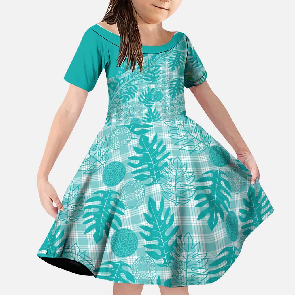 Hawaii Breadfruit Palaka Family Matching Puletasi and Hawaiian Shirt Polu Opal Maile Lei LT9 Daughter's Dress Turquoise - Polynesian Pride