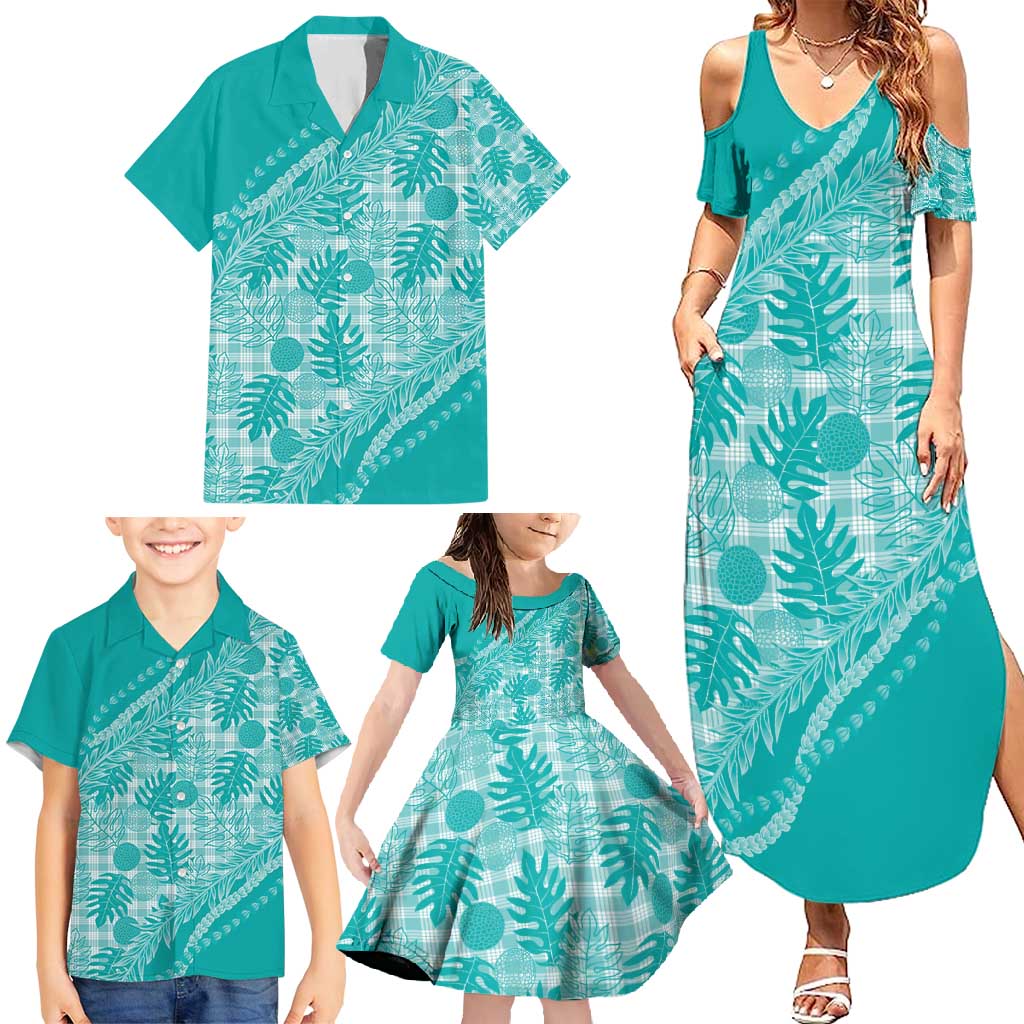 Hawaii Breadfruit Palaka Family Matching Summer Maxi Dress and Hawaiian Shirt Polu Opal Maile Lei - Polynesian Pride