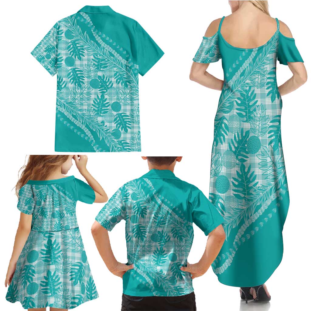 Hawaii Breadfruit Palaka Family Matching Summer Maxi Dress and Hawaiian Shirt Polu Opal Maile Lei - Polynesian Pride